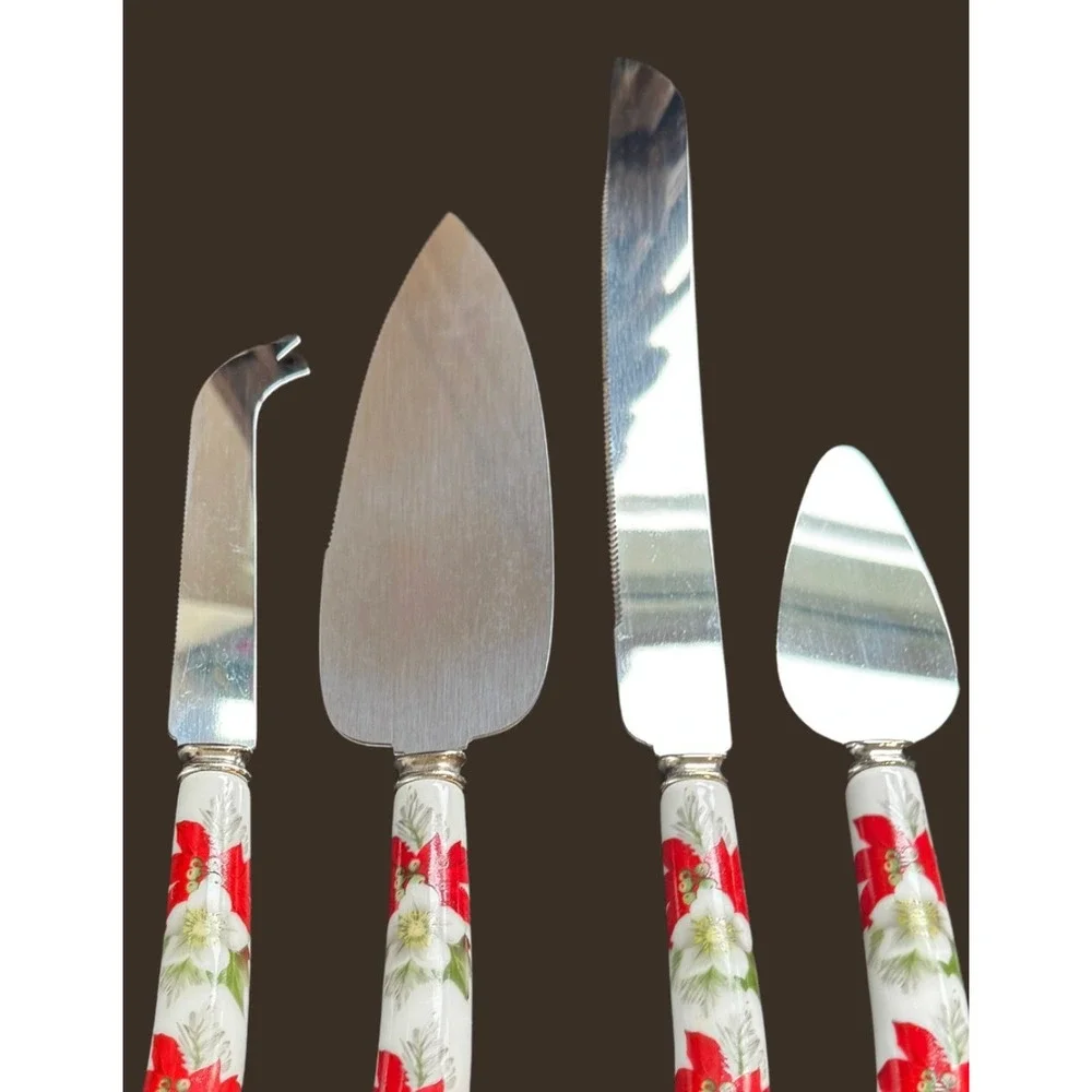 Prill Sheffield England Stainless Poinsettia Porcelain Handle 4pc Serving Set